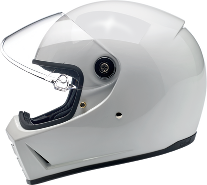 Gloss white Biltwell Lane Splitter motorcycle helmet in XL size, featuring a smooth, aerodynamic design and secure strap system.