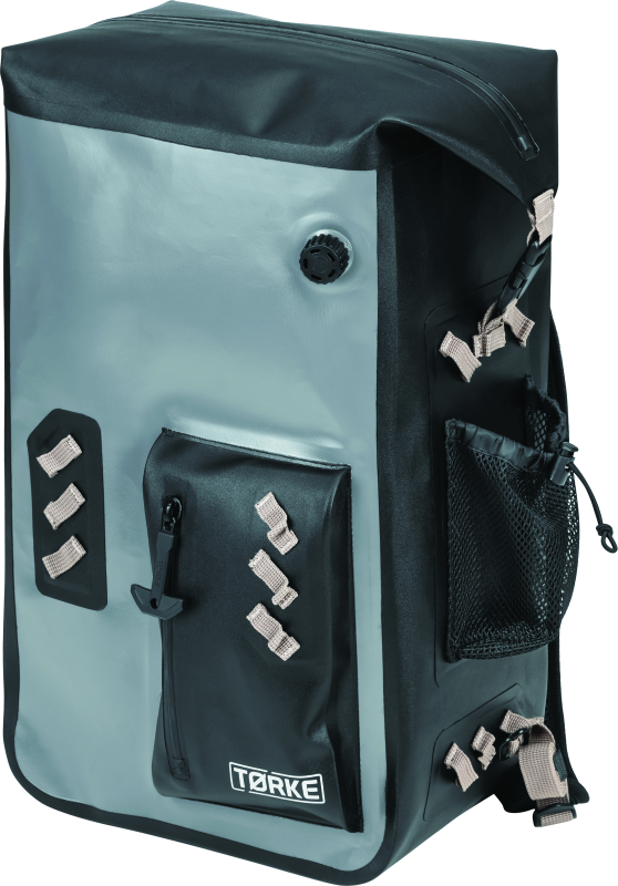 Kuryakyn Torke 25L waterproof motorcycle backpack with reflective logos and versatile storage capacity.