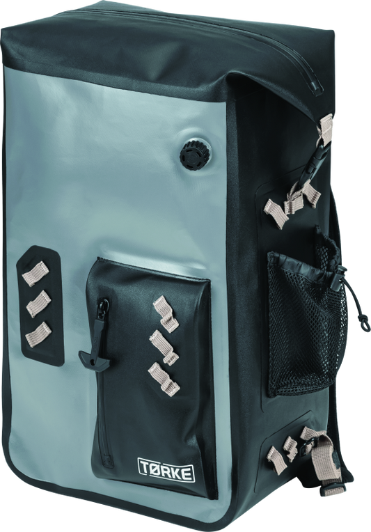 Kuryakyn Torke 25L waterproof motorcycle backpack with reflective logos and versatile storage capacity.