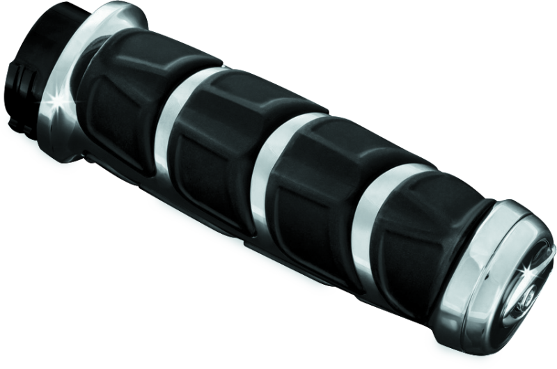 Chrome Kuryakyn Kinetic grips for powersports vehicles, featuring the distinctive design and branding of Kuryakyn.