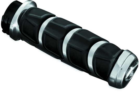 Chrome Kuryakyn Kinetic grips for powersports vehicles, featuring the distinctive design and branding of Kuryakyn.