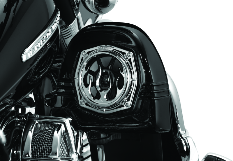 Chrome Kuryakyn Flame Speaker Grills for Harley Davidson Touring Models, stylish motorcycle speaker covers.