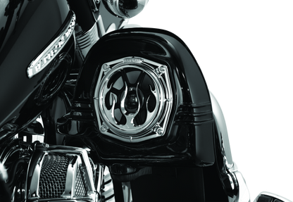Chrome Kuryakyn Flame Speaker Grills for Harley Davidson Touring Models, stylish motorcycle speaker covers.