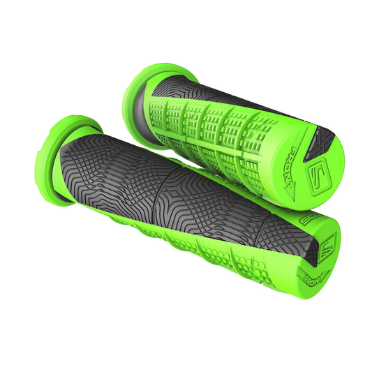 Scott Deuce ATV grips in black and neon green, designed for engine control and comfort, by Bill's Exhausts.