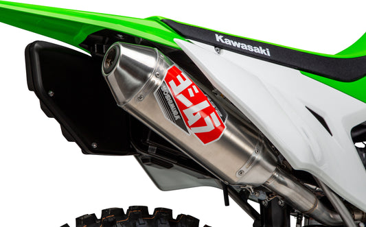 YOSHIMURA RS-2 slip-on exhaust with spark arrestor for UTVs, shown with polished metal finish and exhaust outlet visible