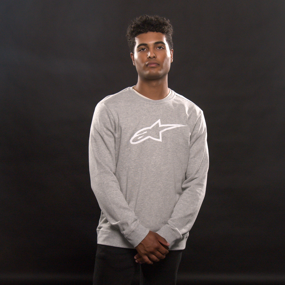 Heather gray and white Alpinestars Ageless Crew Fleece hoodie in large size, featuring the Alpinestars logo on the front.