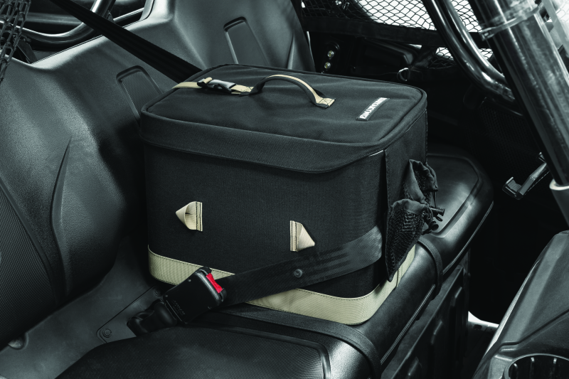 Kuryakyn SXS seat console with cooler in black for powersports vehicles, featuring storage and beverage cooling compartments.