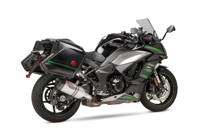 YOSHIMURA RS-12 ADV Street Alpha slip-on exhaust for Kawasaki motorcycle, featuring a sleek metal finish and compact design