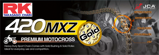RK EXCEL GB420MXZ-116 Gold 420 drive chain for Mini MX and SX racing bikes, shown in close-up detail.