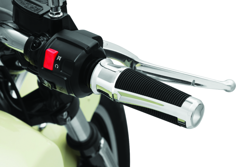 Kuryakyn Phantom grips in chrome for Indian Scout motorcycle, featuring textured design and ergonomic shape.