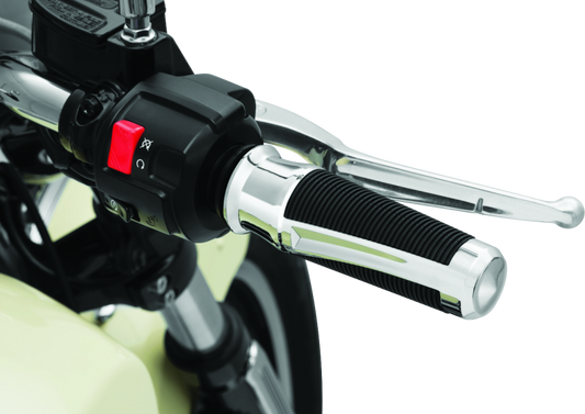 Kuryakyn Phantom grips in chrome for Indian Scout motorcycle, featuring textured design and ergonomic shape.