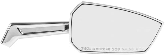 Kuryakyn Enygma chrome motorcycle mirrors with sleek design and reflective surfaces, designed for custom motorcycle upgrades.