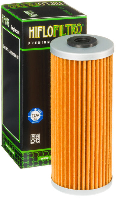 HIFLOFILTRO HF895 motorcycle and small engine oil filter showing the cylindrical filter element and branding.