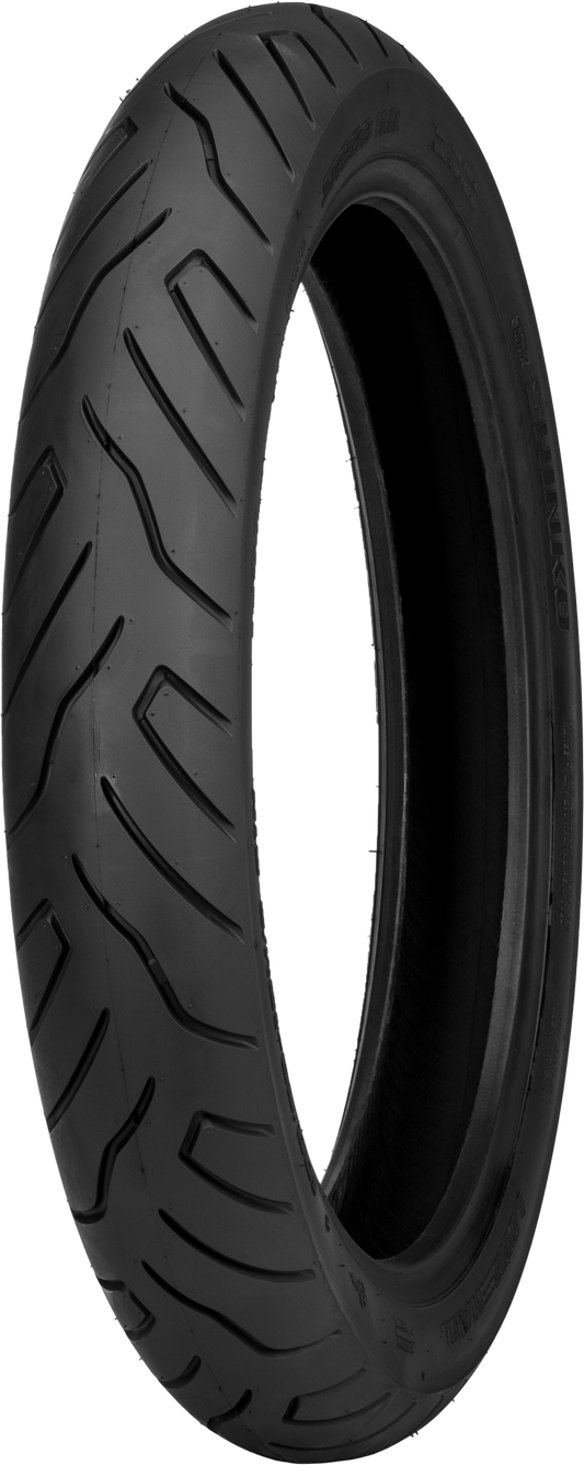 Shinko SR999 long haul front motorcycle tire 110/90-19 with durable tread for cruiser bikes.