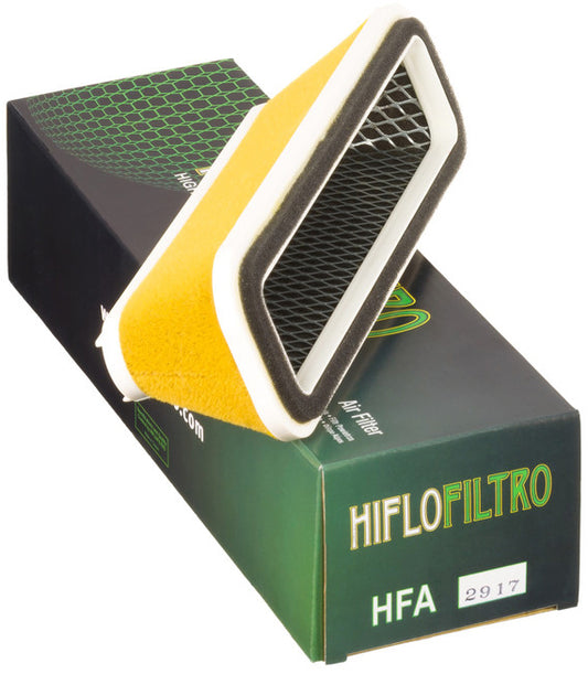 HIFLOFILTRO HFA2917 air filter for high performance engines, showing the clean, rectangular filter element with pleated design.