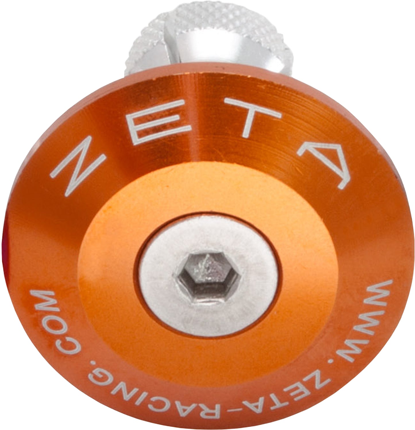 Orange ZETA ZETA bar end plug for motorcycle handlebars, lightweight aluminum accessory with 35mm diameter.