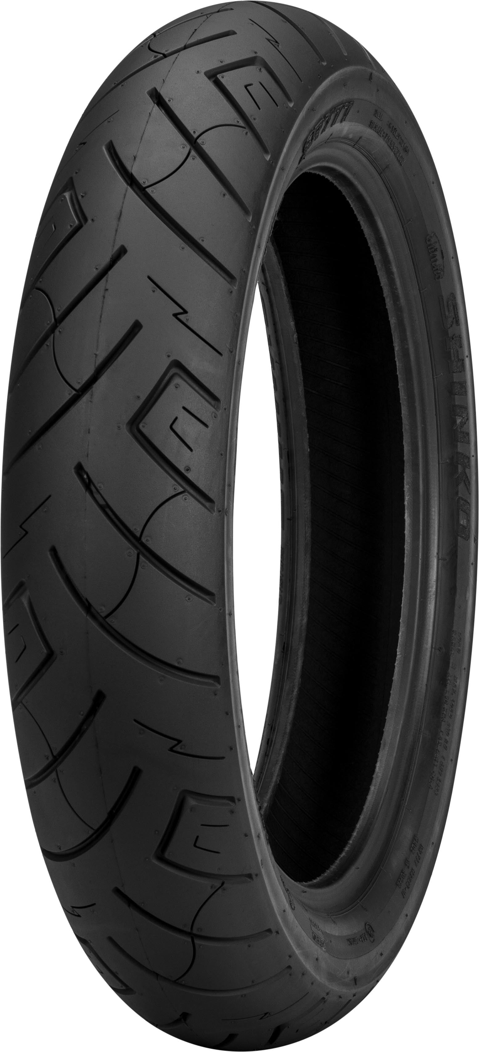 Shinko 777 Cruiser HD front tire with 100/90B19 size, reflective sidewall, designed for motorcycles.