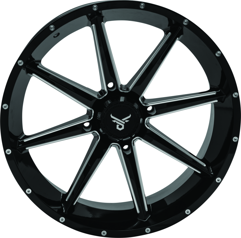 QuadBoss Slicer 20x7 PowerSports wheels with limited edition bull logo center caps on black alloy rims.