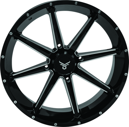 QuadBoss Slicer 20x7 PowerSports wheels with limited edition bull logo center caps on black alloy rims.