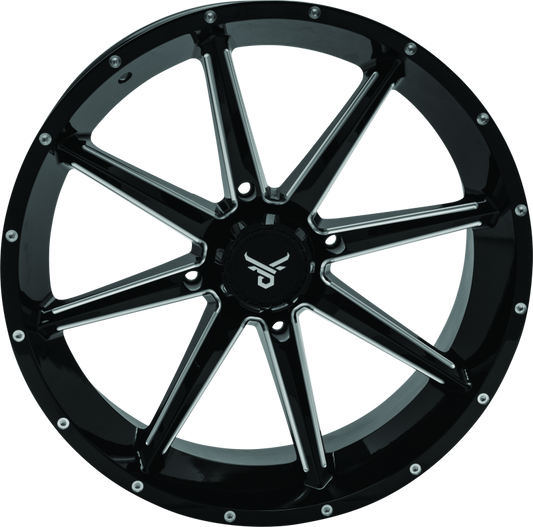 QuadBoss Slicer 20x7 PowerSports wheels with limited edition bull logo center caps on black alloy rims.