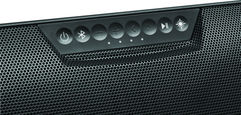 Kuryakyn 14-inch WanderBar portable soundbar by MTX for motorcycle and powersports audio, showing the sleek black design and control buttons.