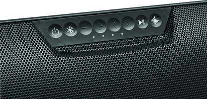 Kuryakyn 14-inch WanderBar portable soundbar by MTX for motorcycle and powersports audio, showing the sleek black design and control buttons.