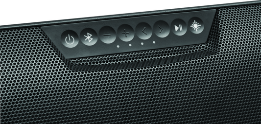 Kuryakyn 14-inch WanderBar portable soundbar by MTX for motorcycle and powersports audio, showing the sleek black design and control buttons.