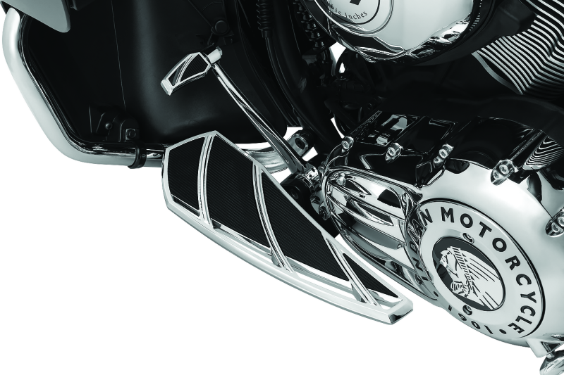 Kuryakyn Phantom Floorboards for Indian motorcycle with chrome finish, durable aluminum and vibration dampening rubber, mounted on bike.