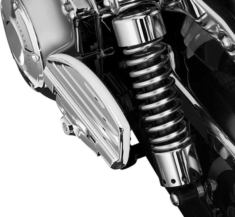 Chrome Kuryakyn ISO Passenger Boards for Harley and Metric bikes, showing the sleek, rounded design of the motorcycle footrests.