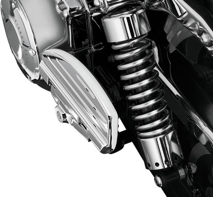 Chrome Kuryakyn ISO Passenger Boards for Harley and Metric bikes, showing the sleek, rounded design of the motorcycle footrests.