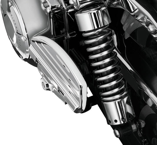 Chrome Kuryakyn ISO Passenger Boards for Harley and Metric bikes, showing the sleek, rounded design of the motorcycle footrests.