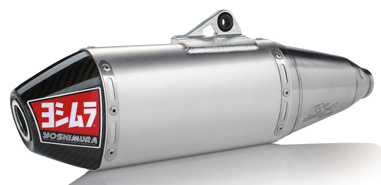YOSHIMURA RS-4 exhaust system with stainless steel and carbon fiber end cap, header and canister for motorcycle performance.