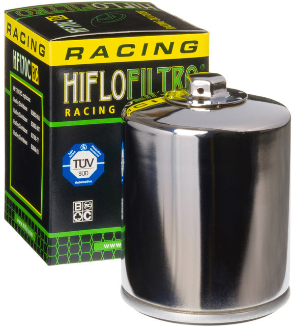 HIFLOFILTRO HF170CRC chrome motorcycle oil filter with metal casing and threaded connection for easy installation.