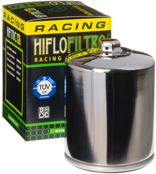 HIFLOFILTRO HF170CRC chrome motorcycle oil filter with metal casing and threaded connection for easy installation.