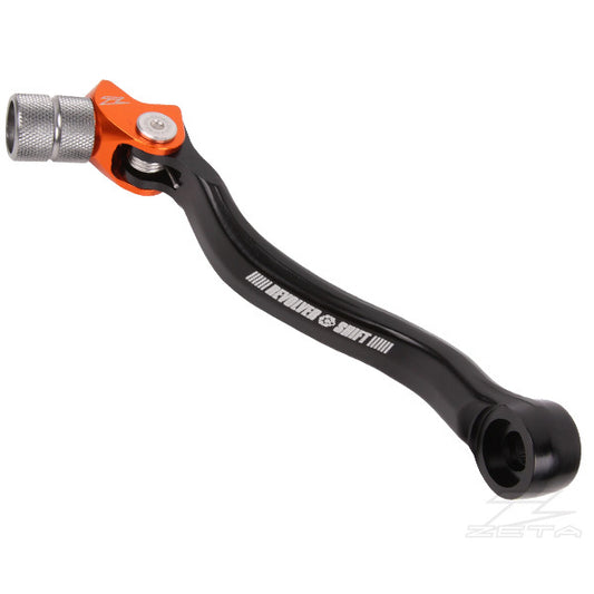 ZETA Revolver Shift Levers Orange for KTM motorcycle, showing close-up of shiny orange shift lever with textured grip and branding.