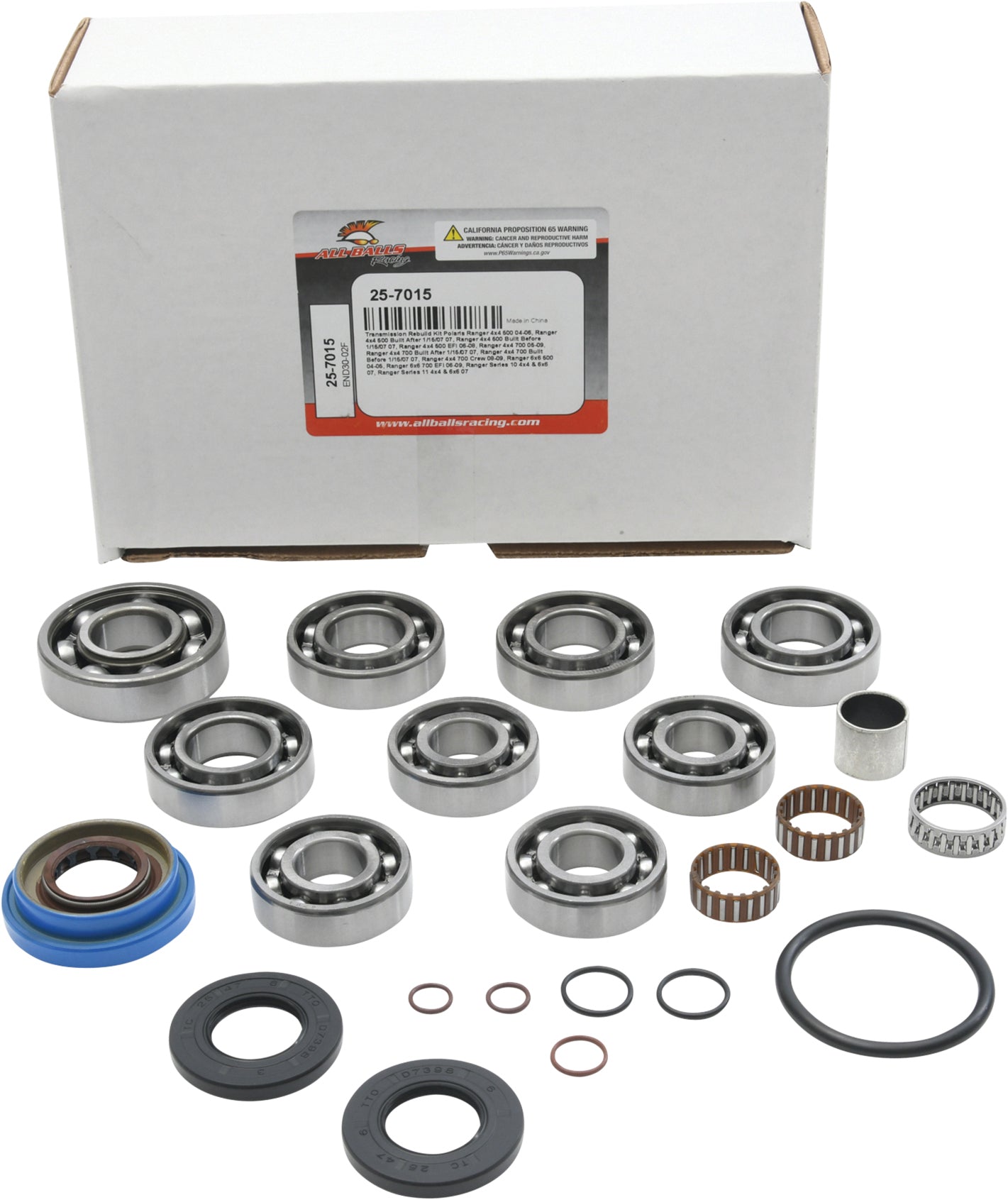 All Balls Transmission Bearing and Seal Kit Part No. 25-7015 with various bearings and seals for motorcycle transmission repair