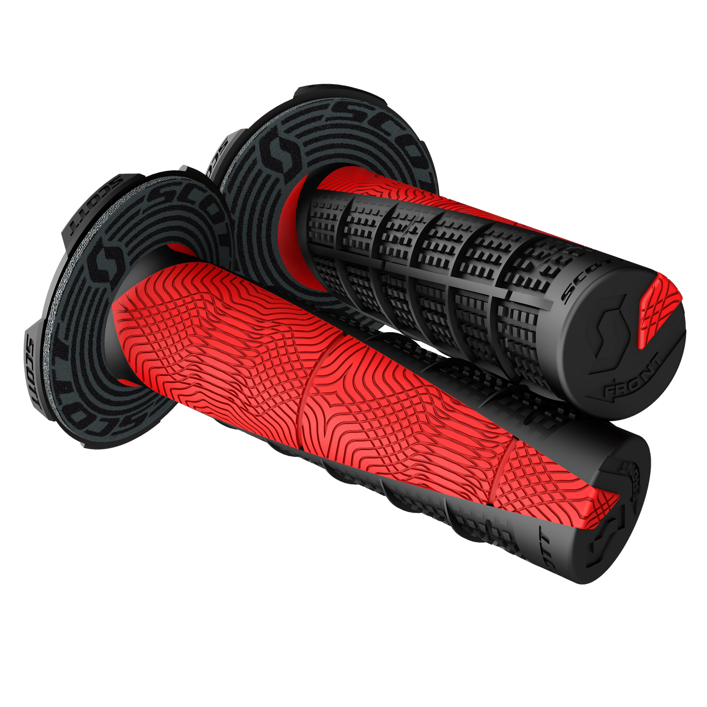 Scott Deuce black and red motorcycle grips by Bill's Exhausts, featuring textured rubber for a secure hold.
