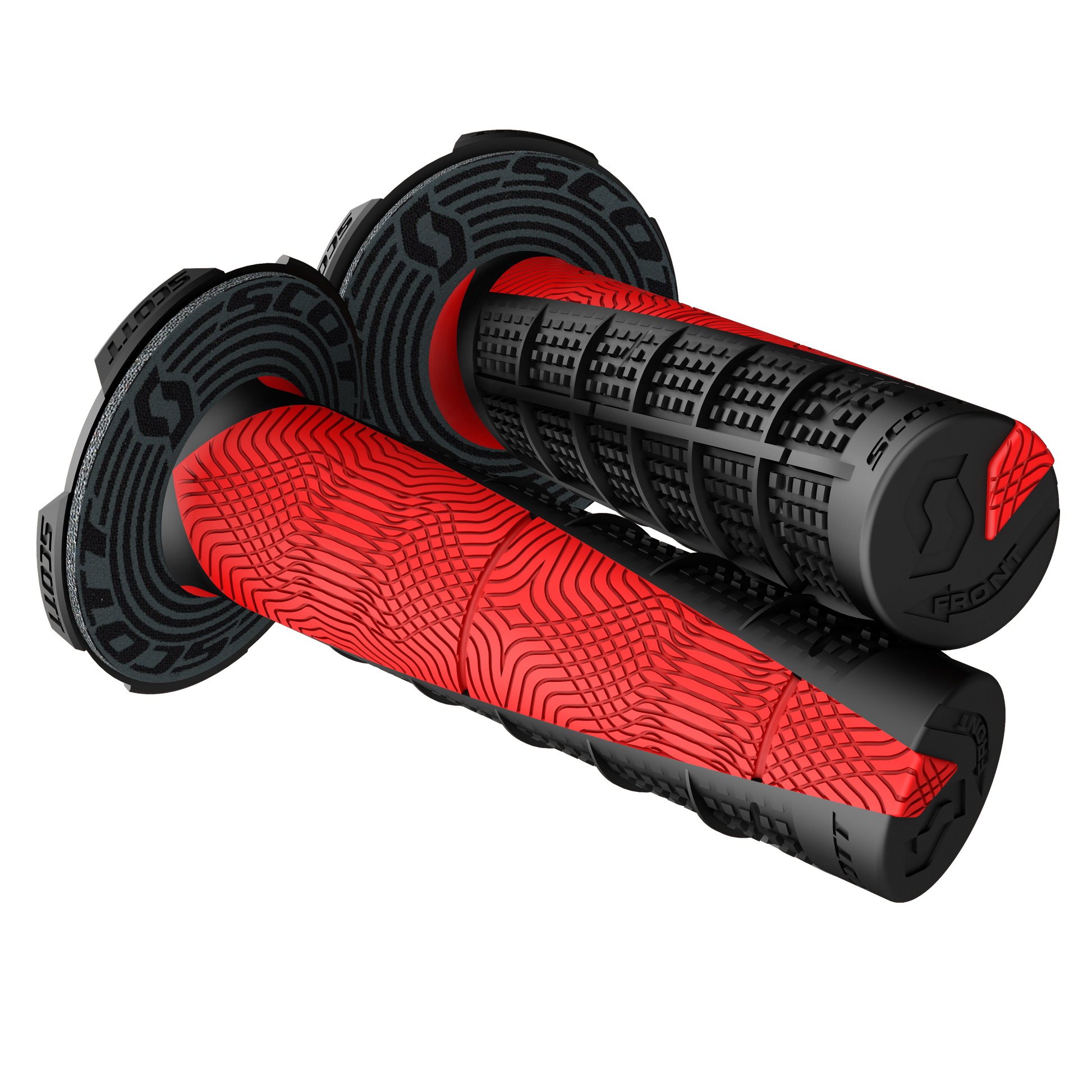 Scott Deuce black and red motorcycle grips by Bill's Exhausts, featuring textured rubber for a secure hold.