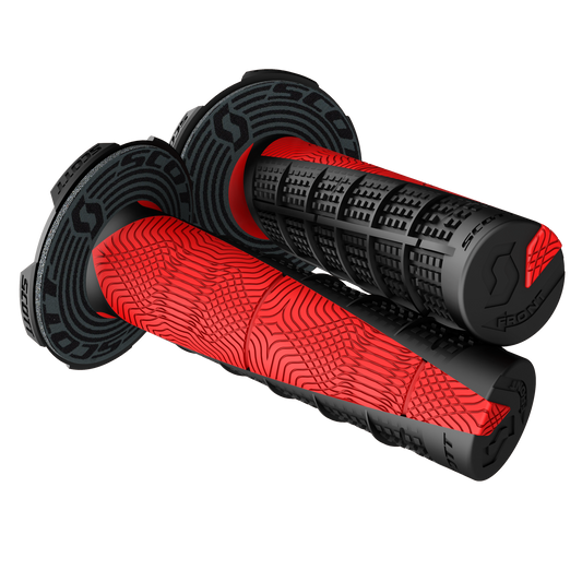 Scott Deuce black and red motorcycle grips by Bill's Exhausts, featuring textured rubber for a secure hold.