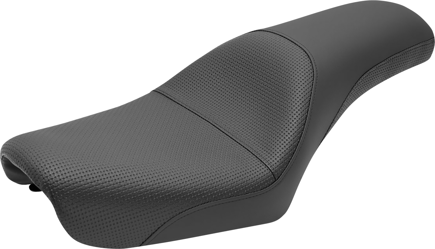 Black SADDLEMEN Profiler Basket-weave motorcycle seat for FXDWG, featuring textured leather and ergonomic design.