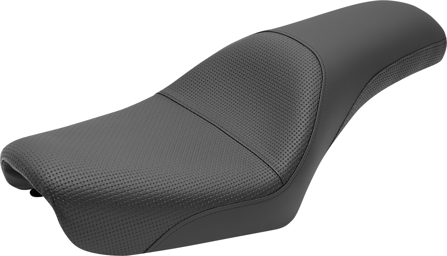 Black SADDLEMEN Profiler Basket-weave motorcycle seat for FXDWG, featuring textured leather and ergonomic design.