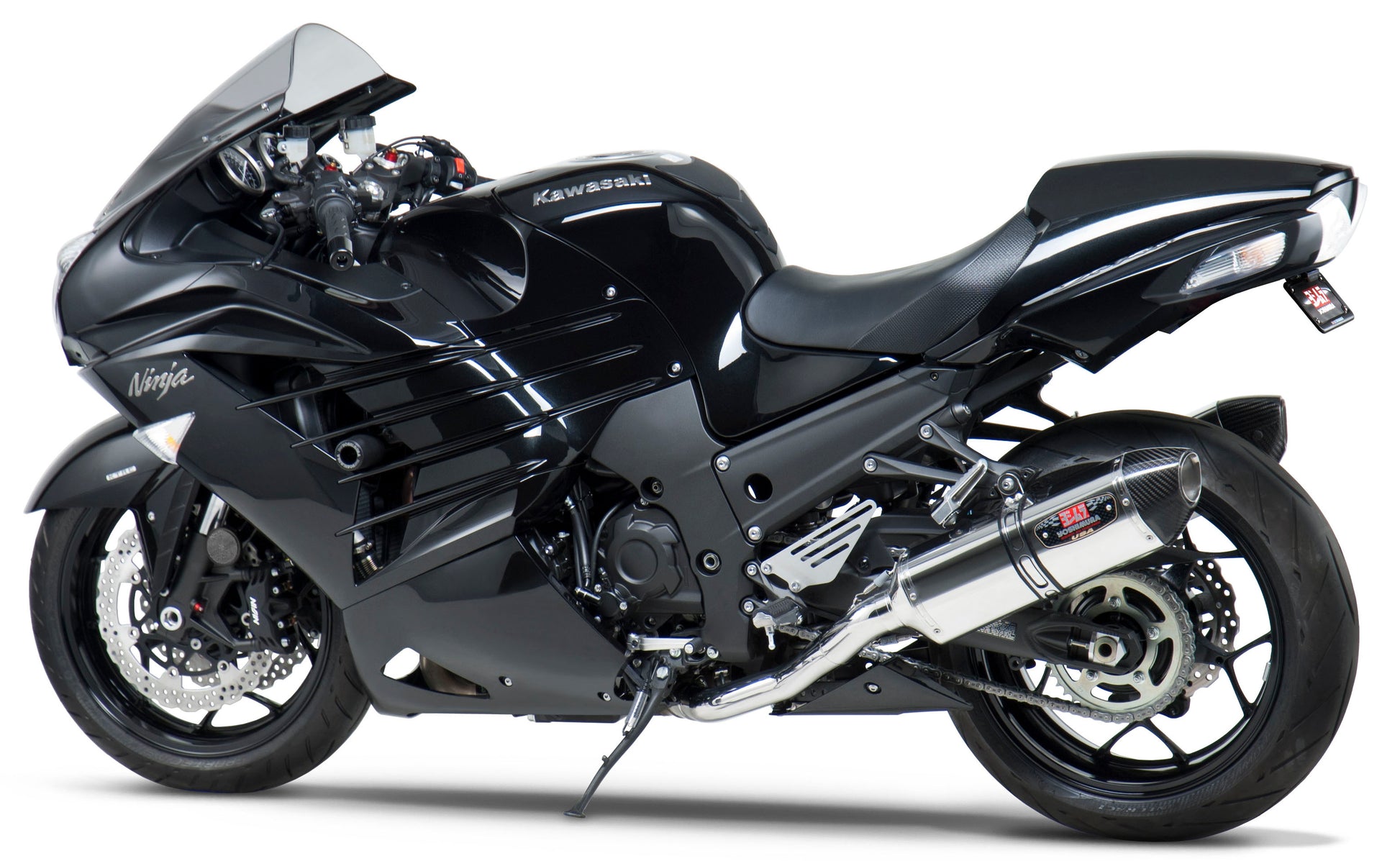 YOSHIMURA Yoshimura Exhaust Race R 77 Slip-On SS/SS CF dual exhaust with carbon fiber end caps, showing sleek design and branding.