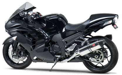 YOSHIMURA Yoshimura Exhaust Race R 77 Slip-On SS/SS CF dual exhaust with carbon fiber end caps, showing sleek design and branding.