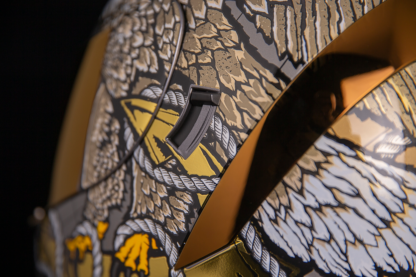 ICON Airform™ Helmet Semper Fi Gold large helmet with detailed graphics, featuring a sturdy design and brand logo, perfect for motorcycle riders.