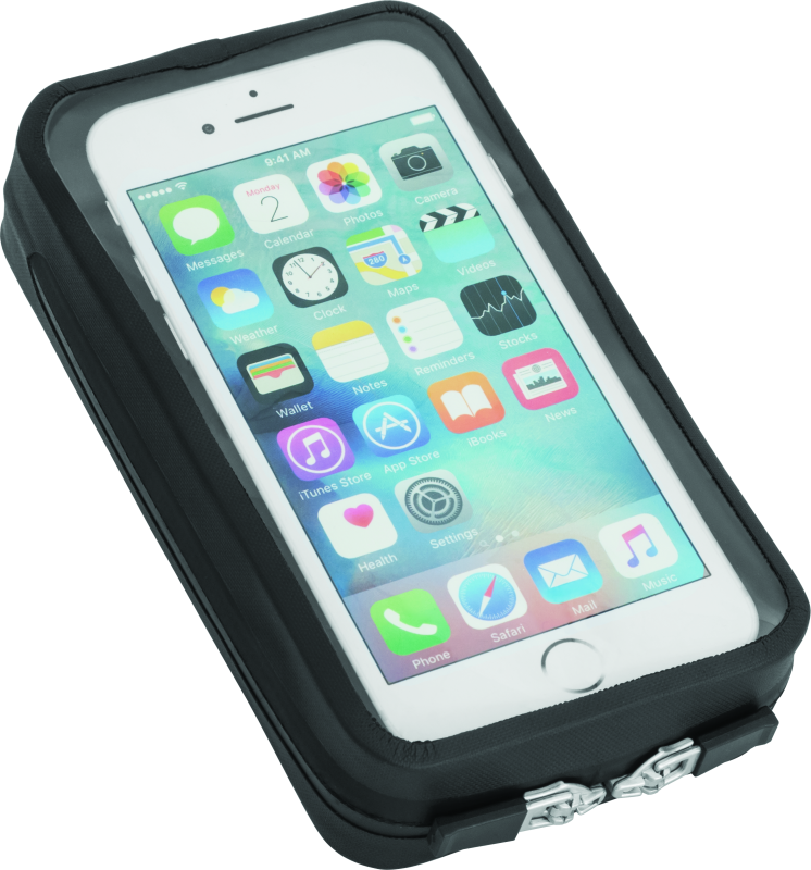 Kuryakyn magnetic black device tank pouch holding cell phone and GPS on a powersports vehicle for secure, convenient access.