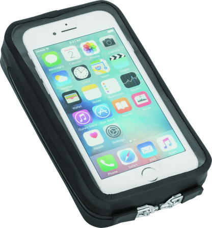 Kuryakyn magnetic black device tank pouch holding cell phone and GPS on a powersports vehicle for secure, convenient access.