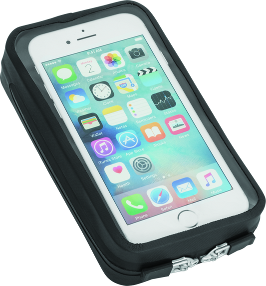 Kuryakyn magnetic black device tank pouch holding cell phone and GPS on a powersports vehicle for secure, convenient access.