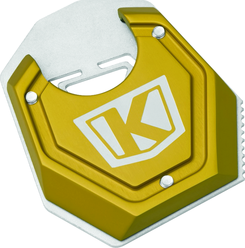 Kuryakyn Lodestar Kickstand Shoe in gold, designed for BMW F750GS, enhances stability and functions as a tire bead breaker.