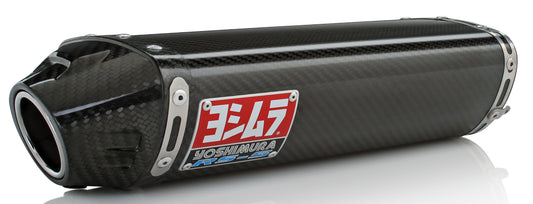 YOSHIMURA RS-5 Slip-On exhaust with stainless steel and carbon fiber finish for street motorcycles, shown mounted on a bike.