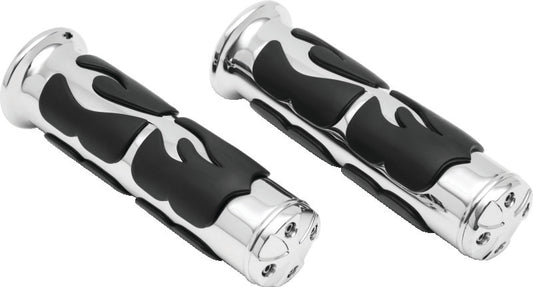Chrome Kuryakyn ISO Flame grips for Victory motorcycles, 1 inch handlebar diameter, with a sleek flame design.